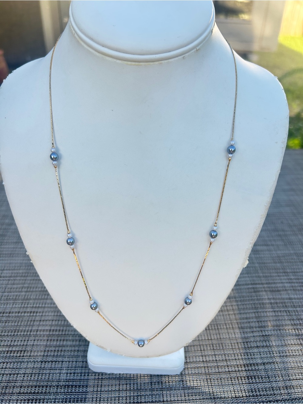 Vintage Avon Gold Tone Blue Gray Faux Pearl Station necklace